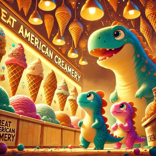 Gelatosaurs book sample page dinosaurs in an ice cream shop hungrily looking at the menu