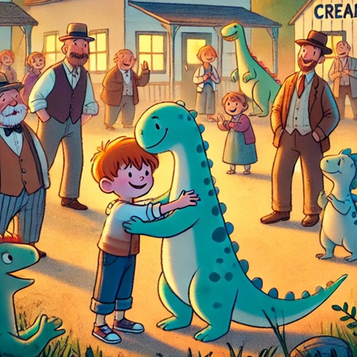 Gelatosaurs book sample page young dinosaur hugs his new human child friend